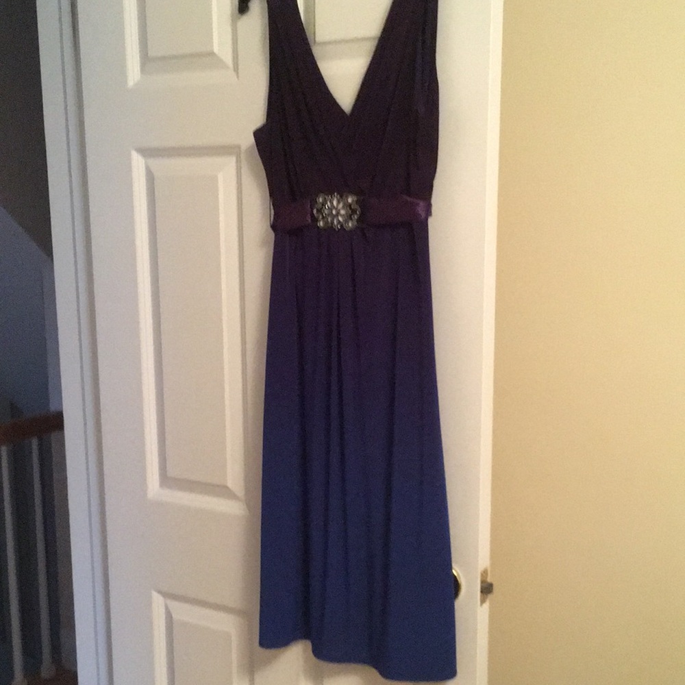 Ladies dress perfect for wedding or New Years Eve. Jeweled purple ribbon.